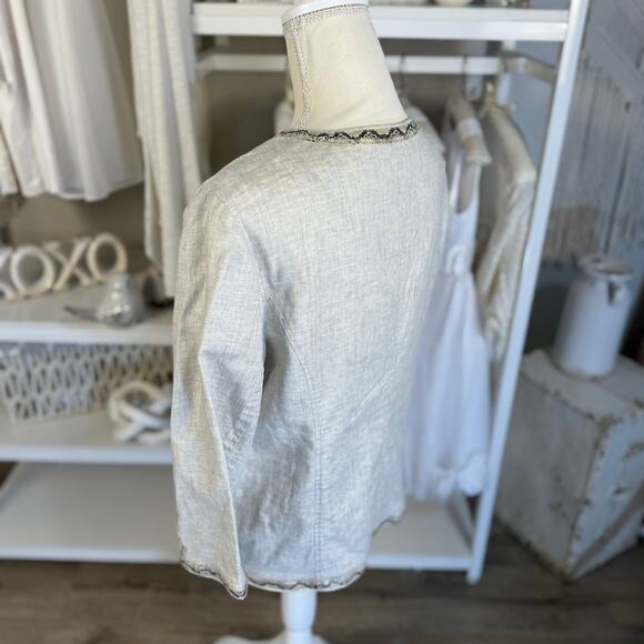 Chico's Women's Size 2 Medium Gray Linen Zip Up Jacket w/ Snake Print Trim #3422 - Picture 8 of 9